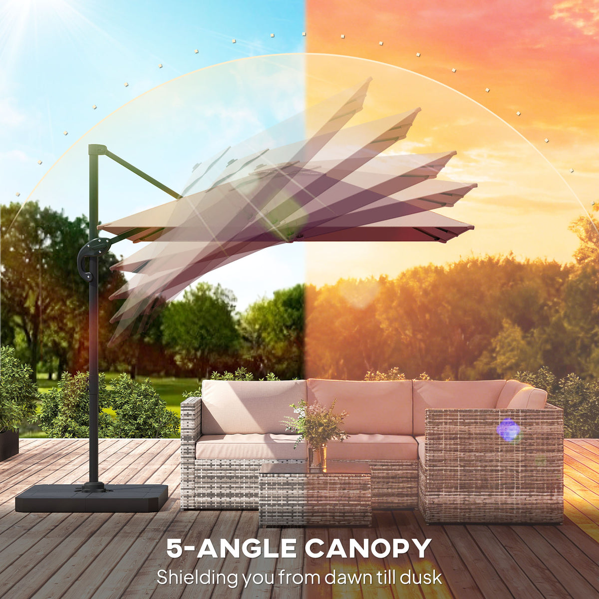 Outsunny 2.4 x 2.4 m Cantilever Parasol with Umbrella Weights, UPF50+ Offset Outdoor Umbrella w/ Easy Tilt Adjustment, Khaki