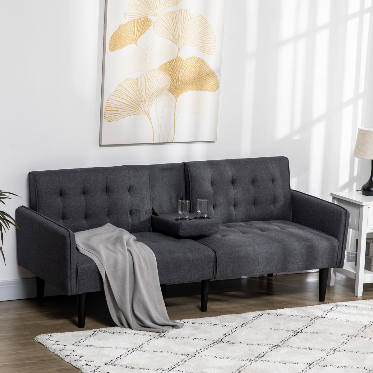 HOMCOM Three-Seater Sofa Bed, with Cupholders - Grey