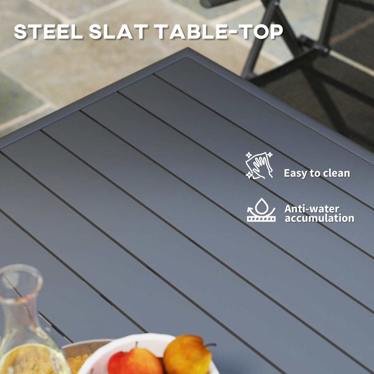 Outsunny table's grey steel slat top with spaced panels and rounded edges