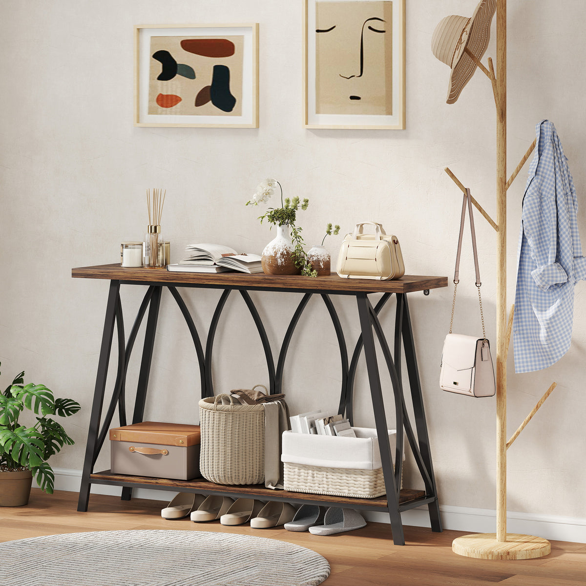HOMCOM Narrow Console Table, Industrial 2-Tier Sofa Table with Metal Frame for Entryway, Living Room, 120x30x80cm, Rustic Brown
