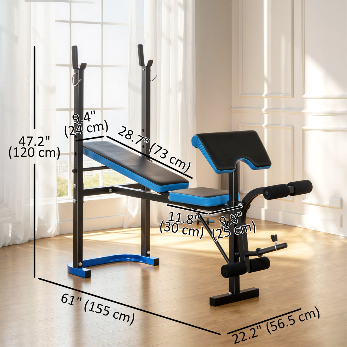 Weight bench with barbell rack and leg developer, with seat and frame dimensions labeled
