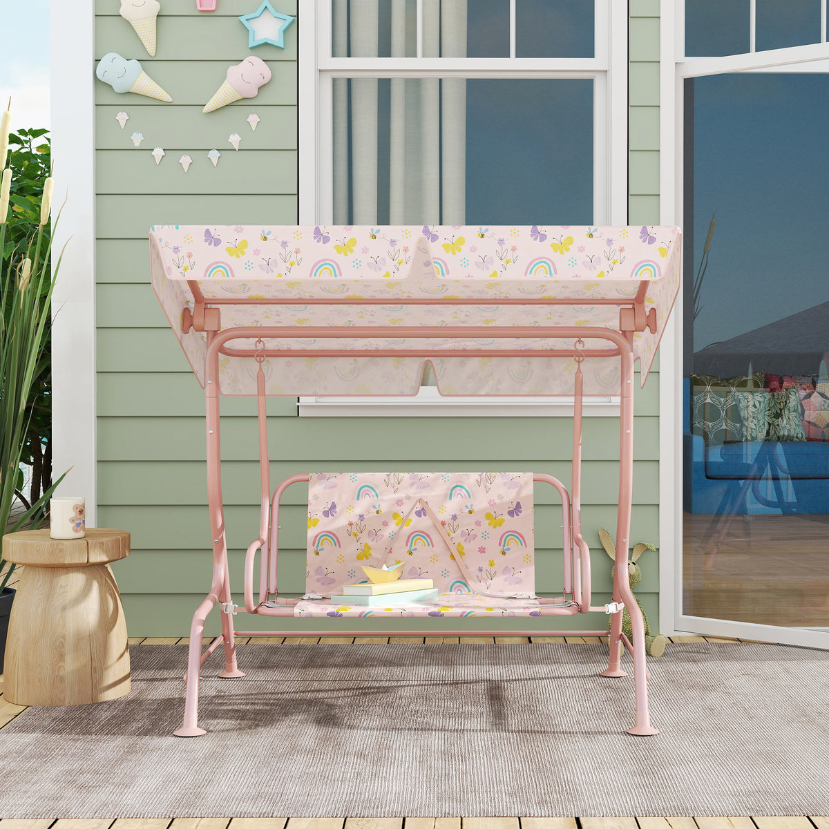 AIYAPLAY Kids Garden Swing Chair with Adjustable Canopy, Safety Belt, 2 Seater Hammock Swing Bench for Patio, Porch, Pink