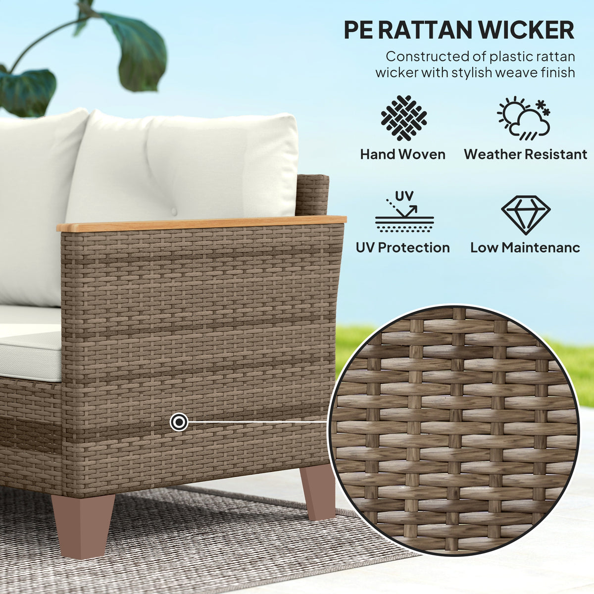 Outsunny 3 Pieces Rattan Garden Furniture Set, L Shaped Garden Conversation Chaise Lounge Furniture with Wood Top Coffee Table and Thick Cushions, Cream