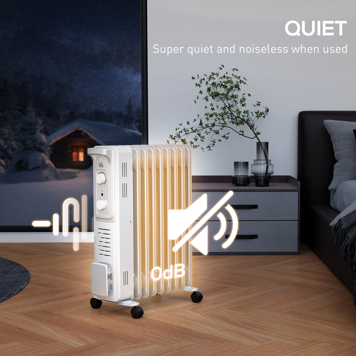 White HOMCOM oil-filled radiator with nine fins and caster wheels, promoted for quiet operation