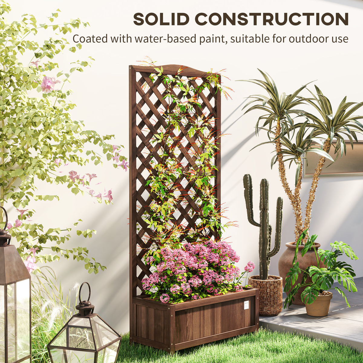 Outsunny wooden planter with lattice trellis and flowers, featuring a water-based painted finish
