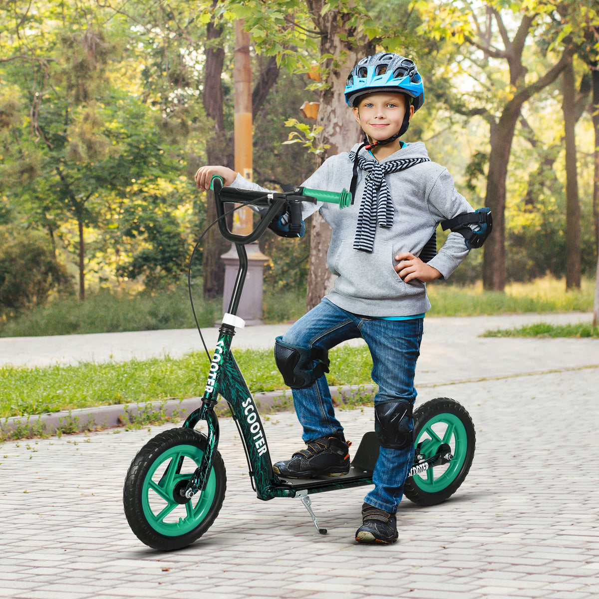 AIYAPLAY Kids Scooter with Adjustable Handlebar, Children's Kick Scooter with Non-slip Footplate, Rear Brake, Kickstand, Green