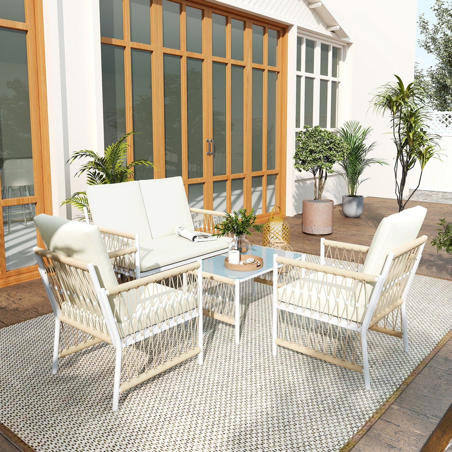 Outsunny 4 Piece Rattan Garden Furniture Set, 4 Seater Wicker Patio Conversation Set with 2 Armchairs, Loveseat, Glass Top Coffee Table and Cushions for Outdoor, Balcony, Khaki