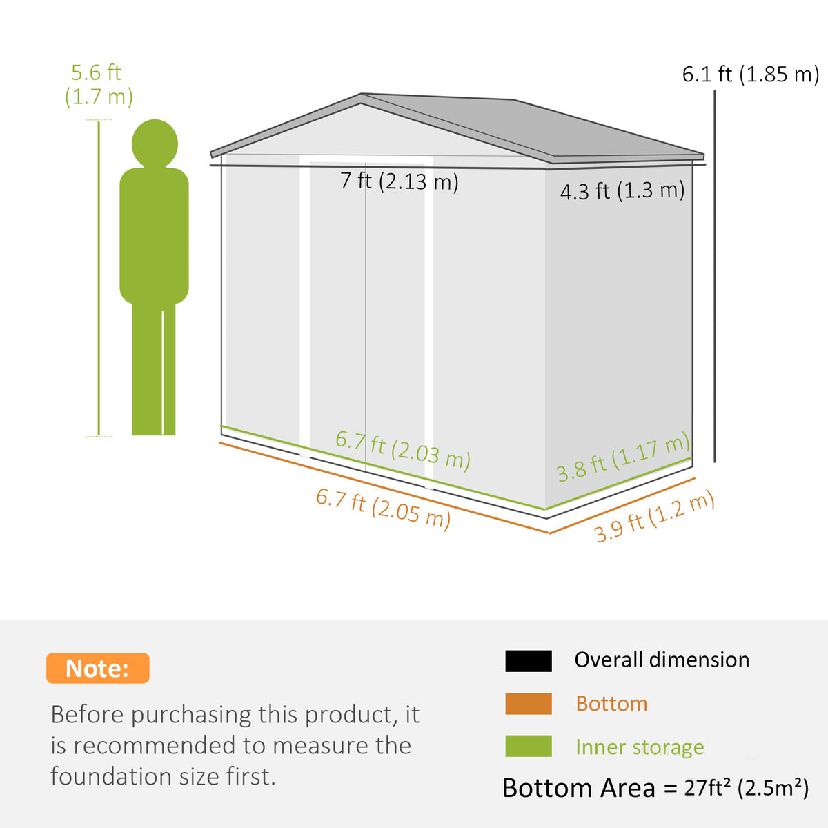 Outsunny metal shed dimension diagram showing exterior and interior measurements
