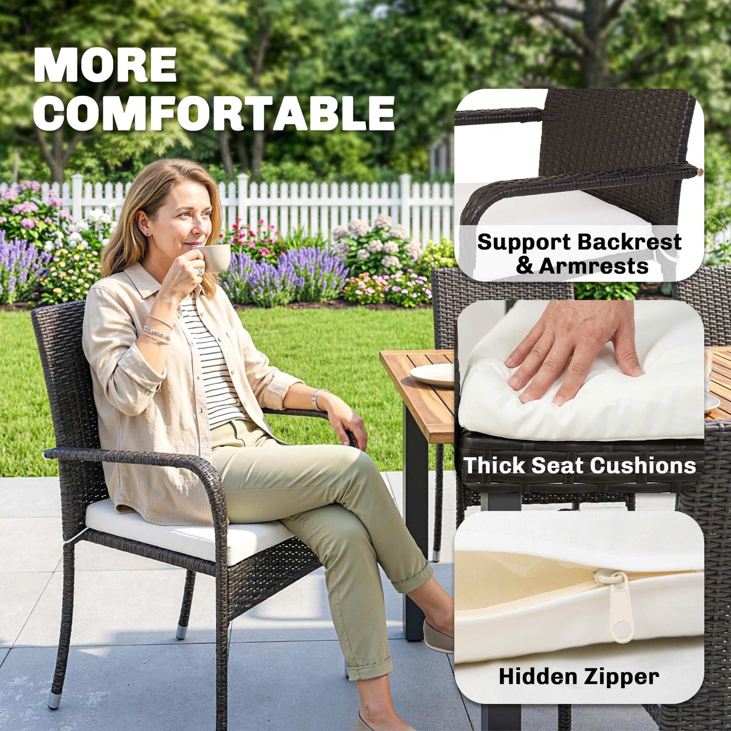 Outsunny 7 Piece Rattan Garden Furniture Set, 6 Seater Garden Table and 6 Stackable Chairs with Extendable Acacia Wood Tabletop