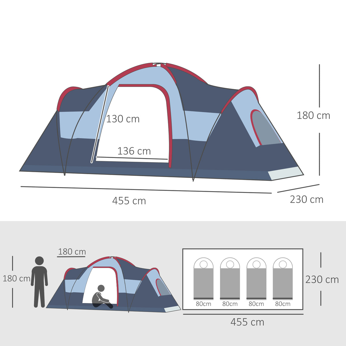 Outsunny tent dimensions: 455 cm long, 230 cm wide and 180 cm high