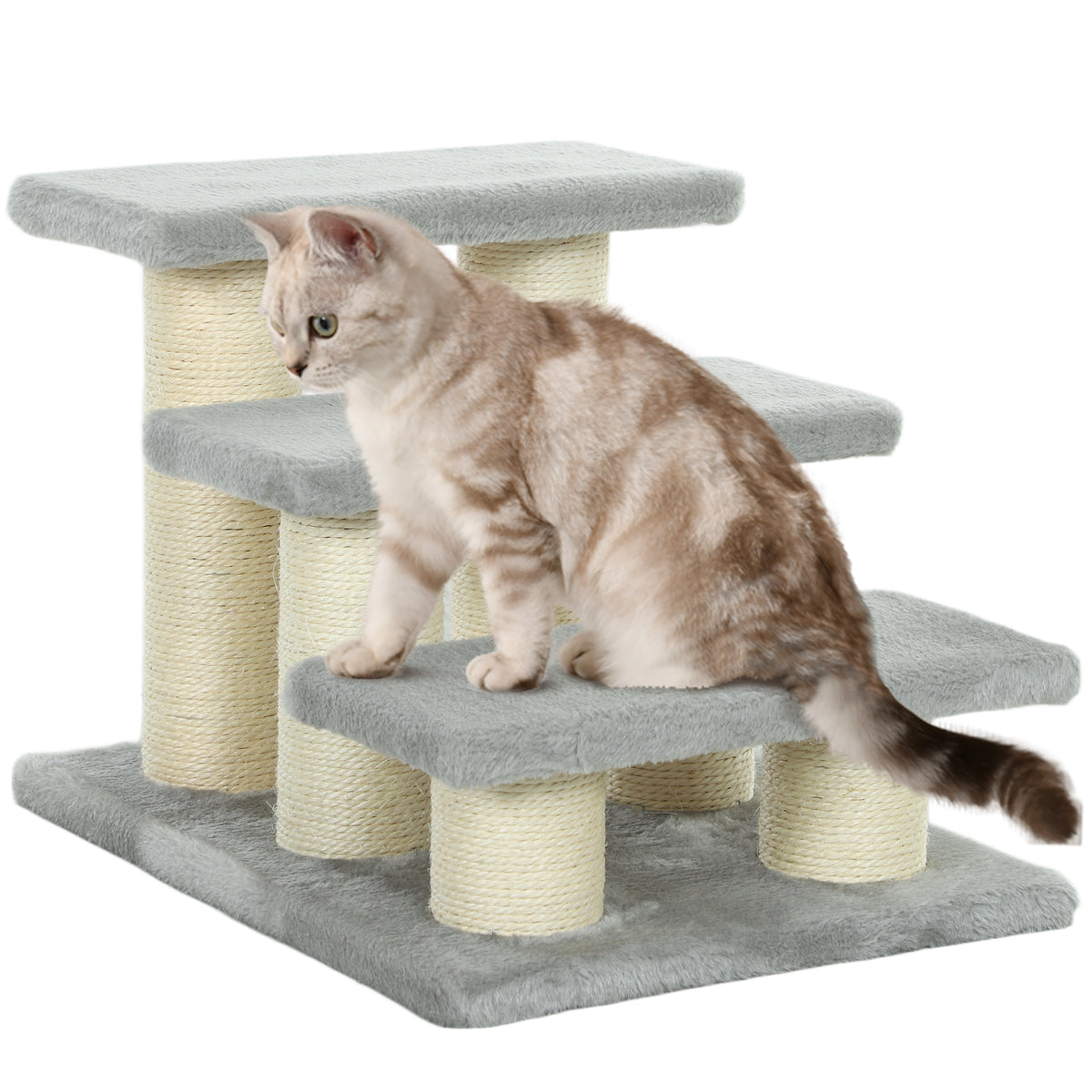 Three-step pet stairs with gray plush platforms and sisal-wrapped posts, shown with a cat.