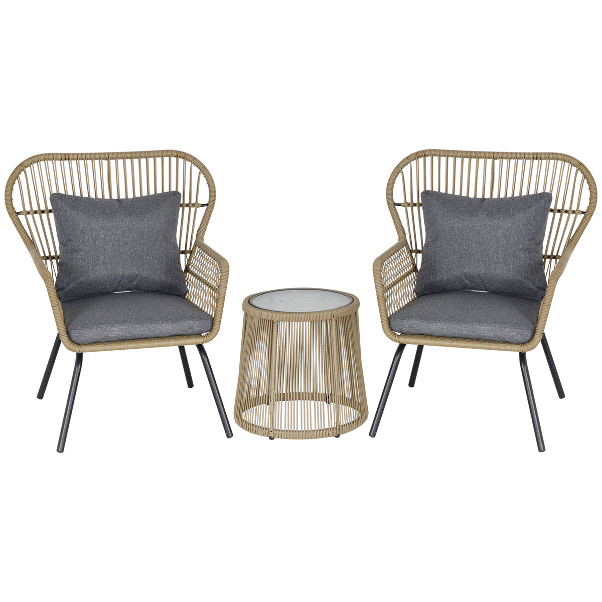 Photo of Outsunny 3 Pieces Rattan Bistro Set, Wicker Garden Furniture Set with Cushions, Glass Top Coffee Table and Chairs for Outdoor, Small Garden, Patio, Brown in Brown colour on a white background