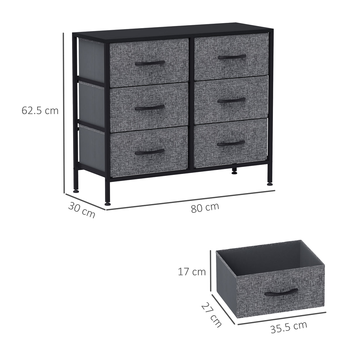 HOMCOM six-drawer dresser with dimensions and a removable fabric drawer shown