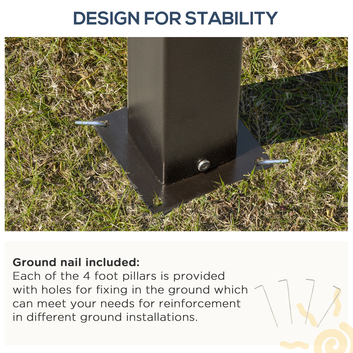 Gazebo steel foot plate with ground nails securing the leg