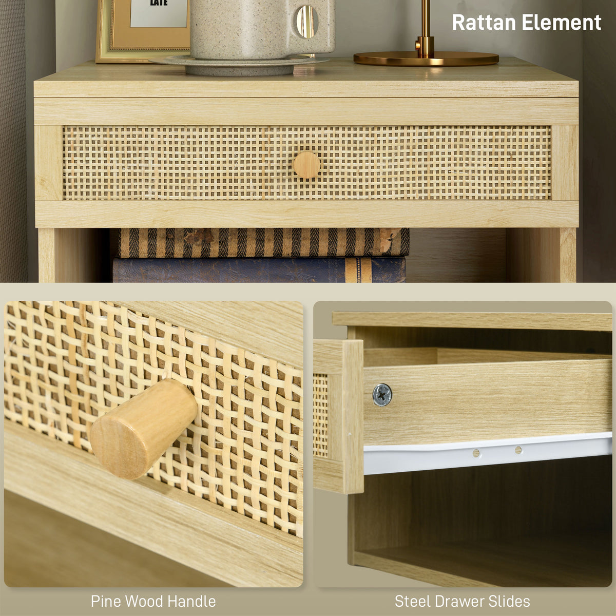 Rattan drawer front with pine wood knob and steel drawer slides on a bedside table