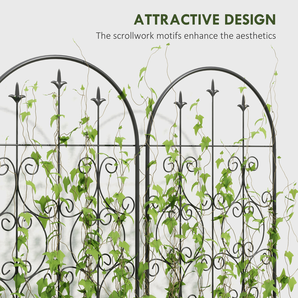 Close view of arched metal trellis panels with decorative scrollwork and climbing vines