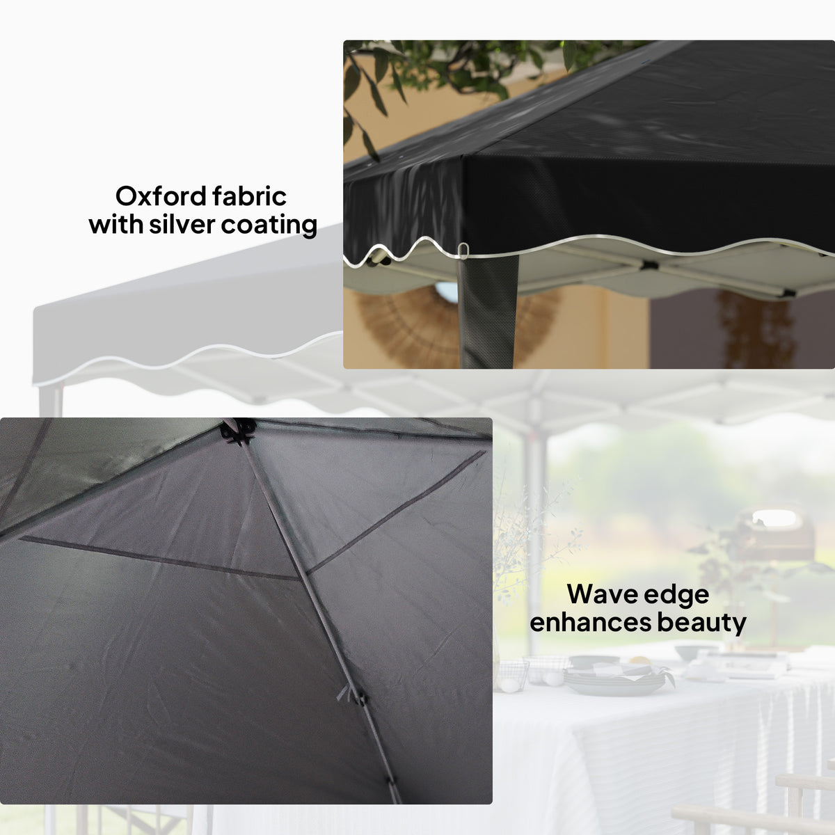 Black gazebo canopy detail showing silver-coated Oxford fabric and a wave edge