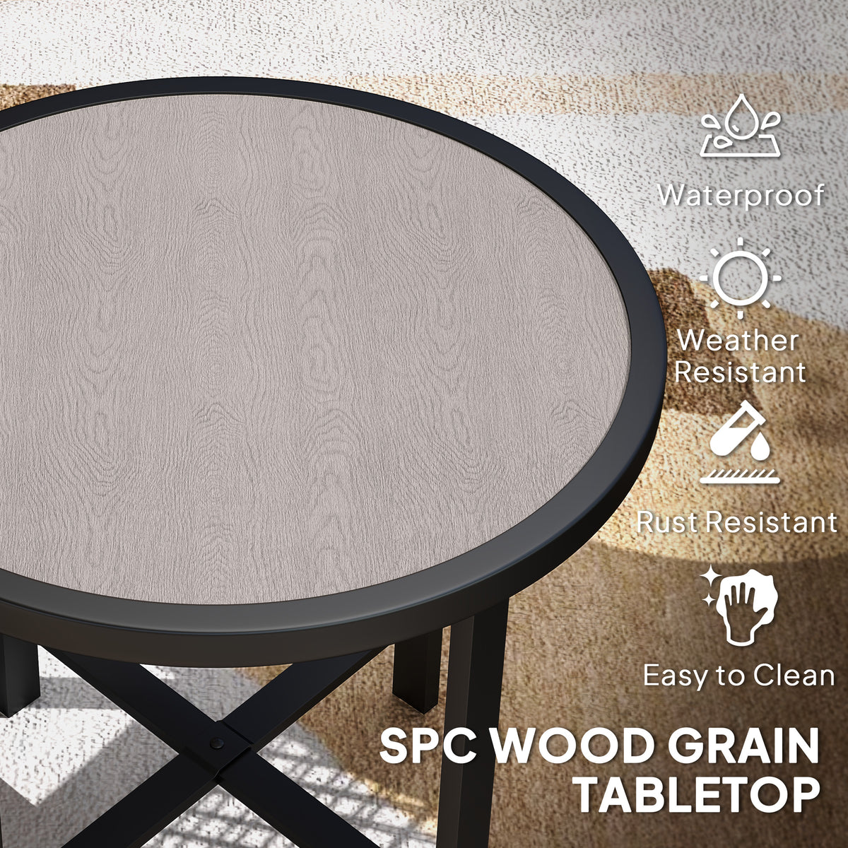 Outsunny table with close-up gray wood-grain SPC top and black rim