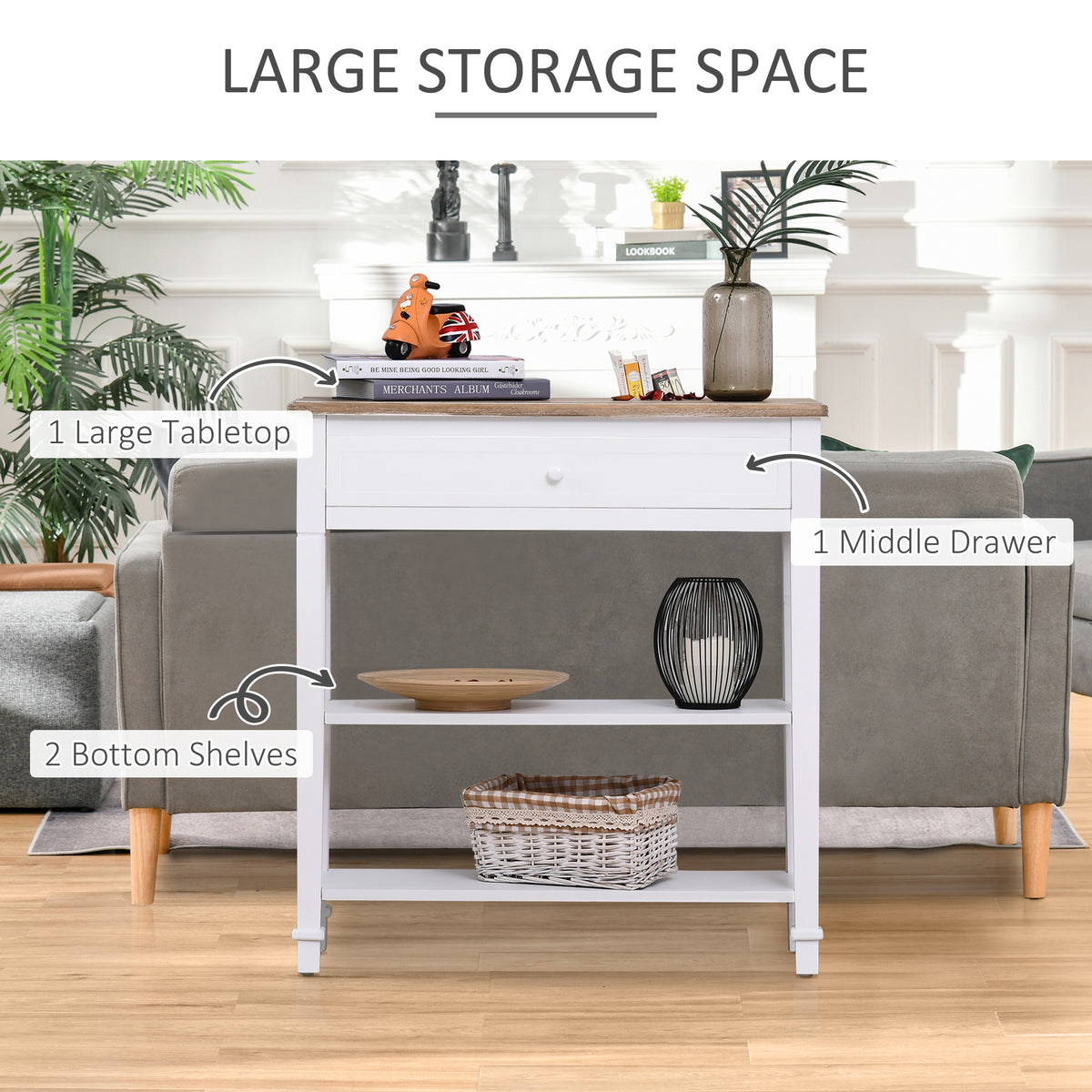 White console table with one drawer and two shelves, shown with storage items