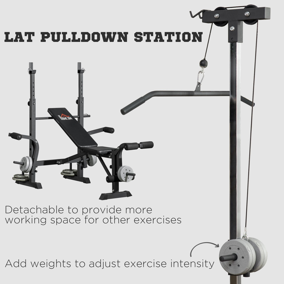 HOMCOM bench with detachable lat pulldown station and weight plates