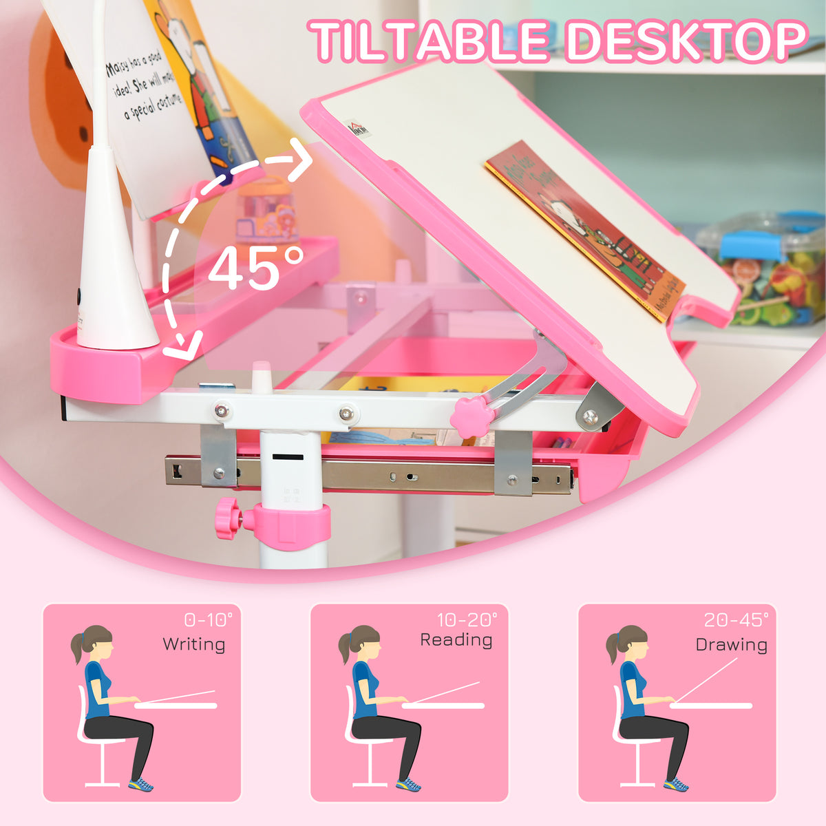 Adjustable kids' desk with tilting desktop shown at three angles for writing, reading and drawing