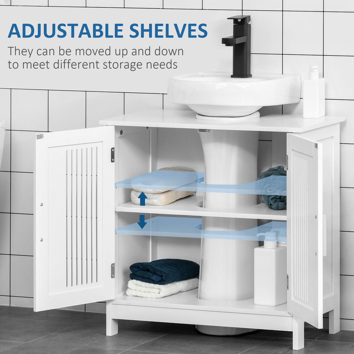 White under-sink cabinet with open doors and adjustable shelves around a pedestal