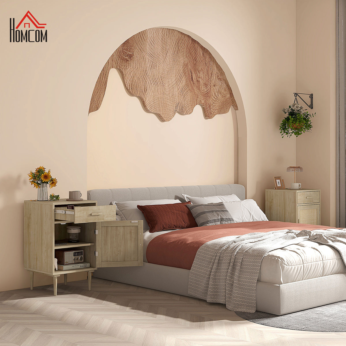 HOMCOM bedside table shown beside a bed, with drawer and storage cabinet