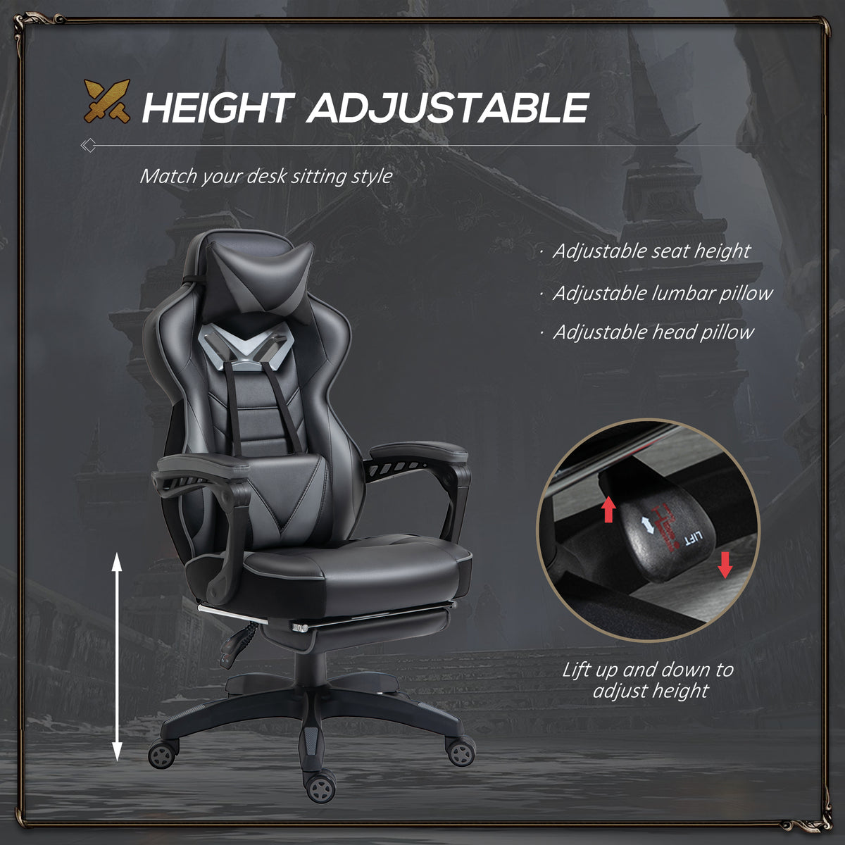Vinsetto gaming chair with adjustable seat height, head pillow and lumbar pillow