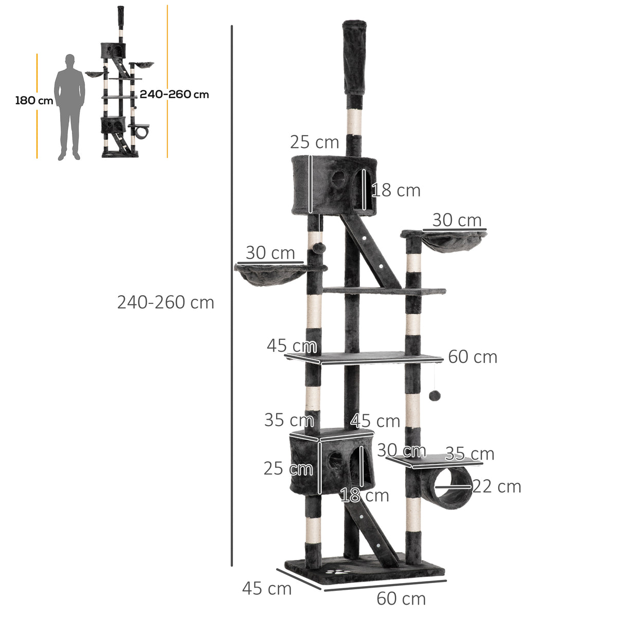 Dark gray floor-to-ceiling cat tree with dimensions, sisal posts, platforms, condos and hanging toy