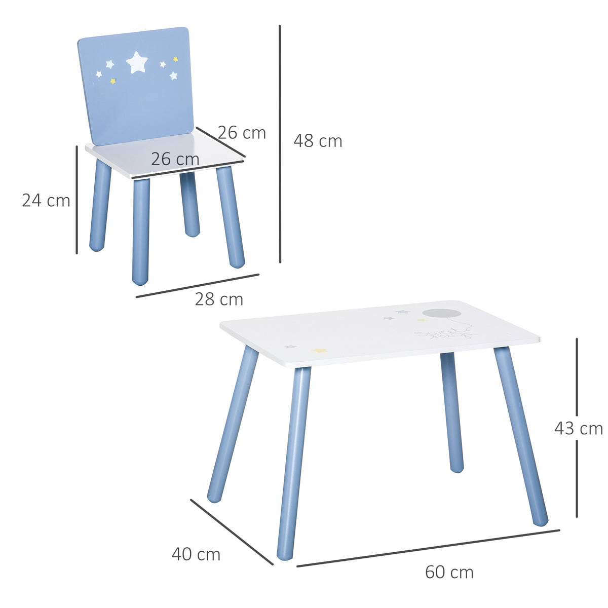 Kids' table and chair set with dimensions shown: 60 cm table and 48 cm chair height.