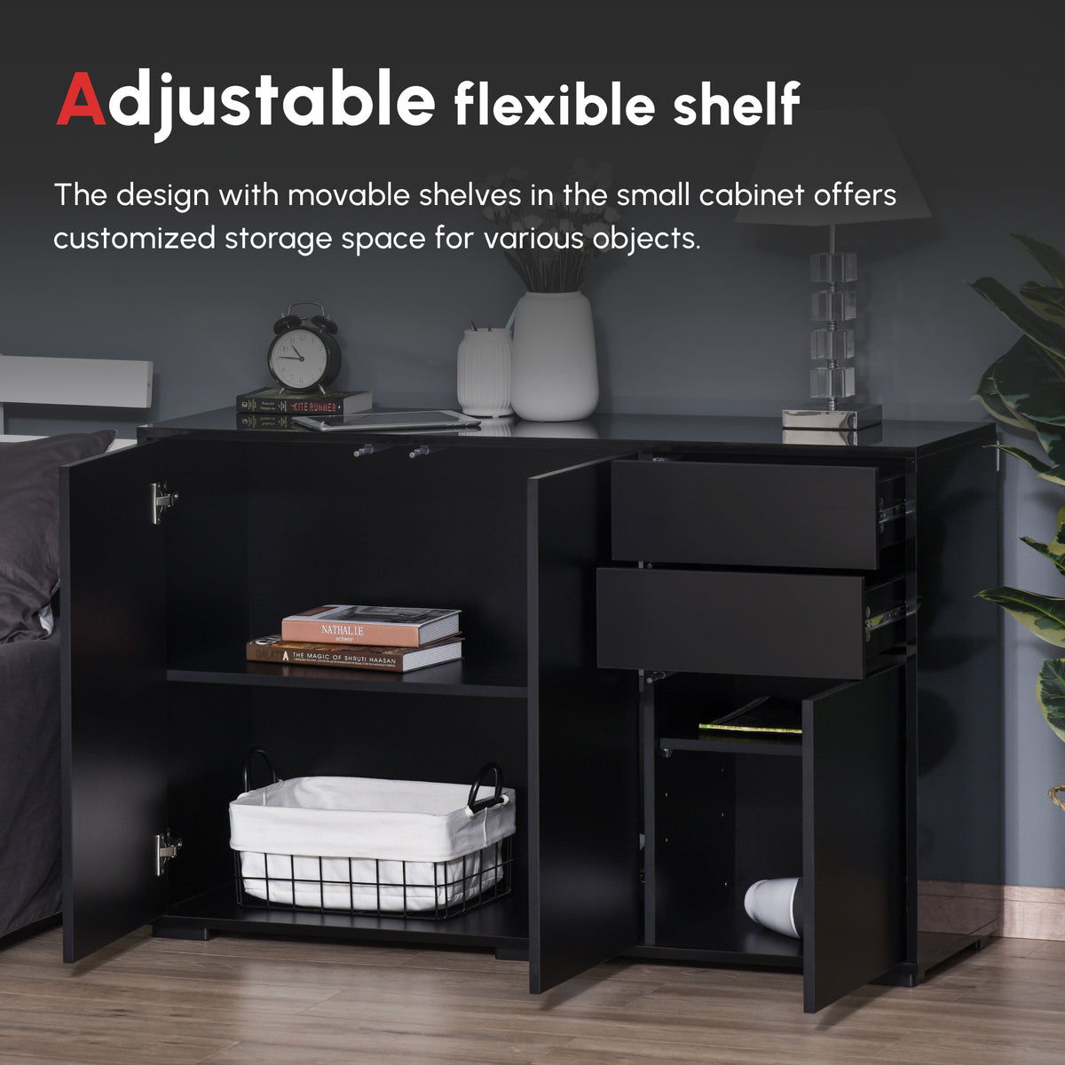 Open black sideboard showing adjustable cabinet shelving and three drawers