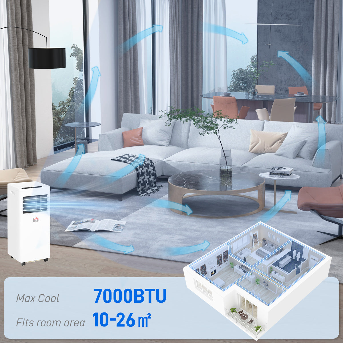 HOMCOM portable air conditioner cooling a room, rated for spaces up to 26 m²