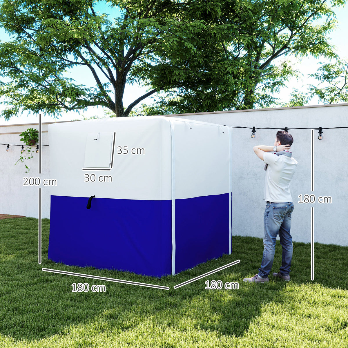 Outsunny 2 x 2 m pop-up gazebo with dimensions marked on its white and blue panels