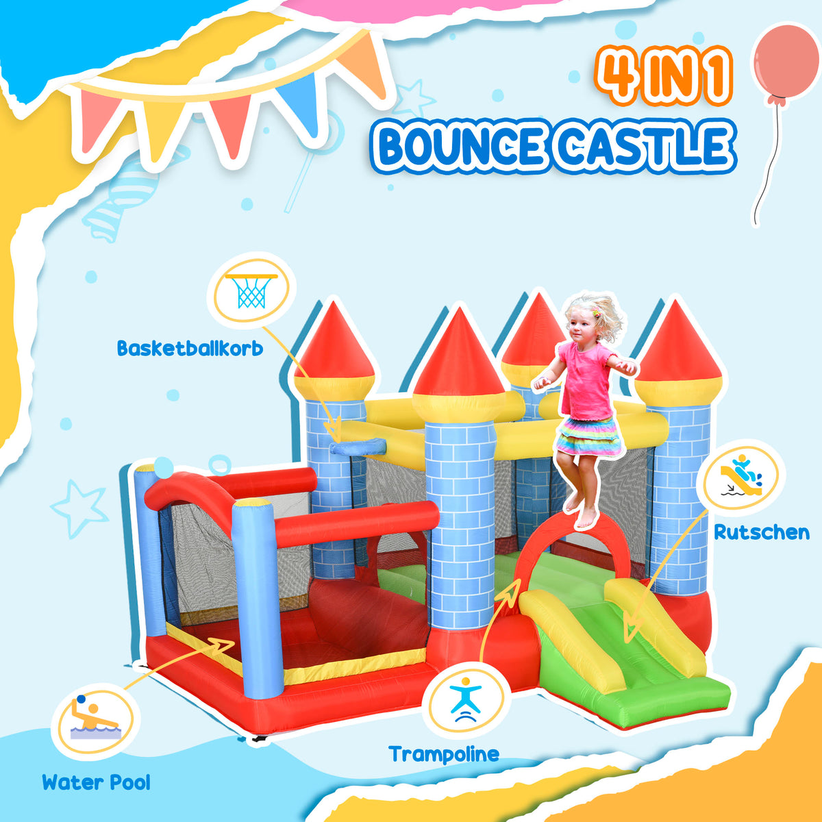 Bounce castle with slide, mesh play area, basketball hoop and splash pool