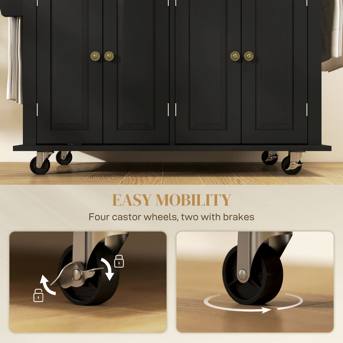 Kitchen island on four caster wheels, with close-ups of wheel rotation and brakes