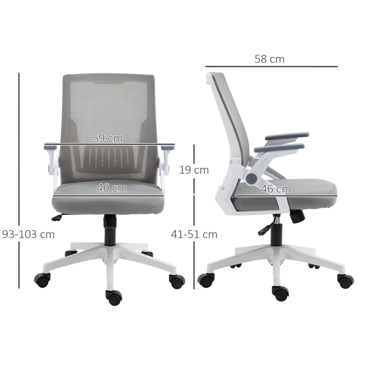 Vinsetto mesh office chair front and side views with dimensions and adjustable height