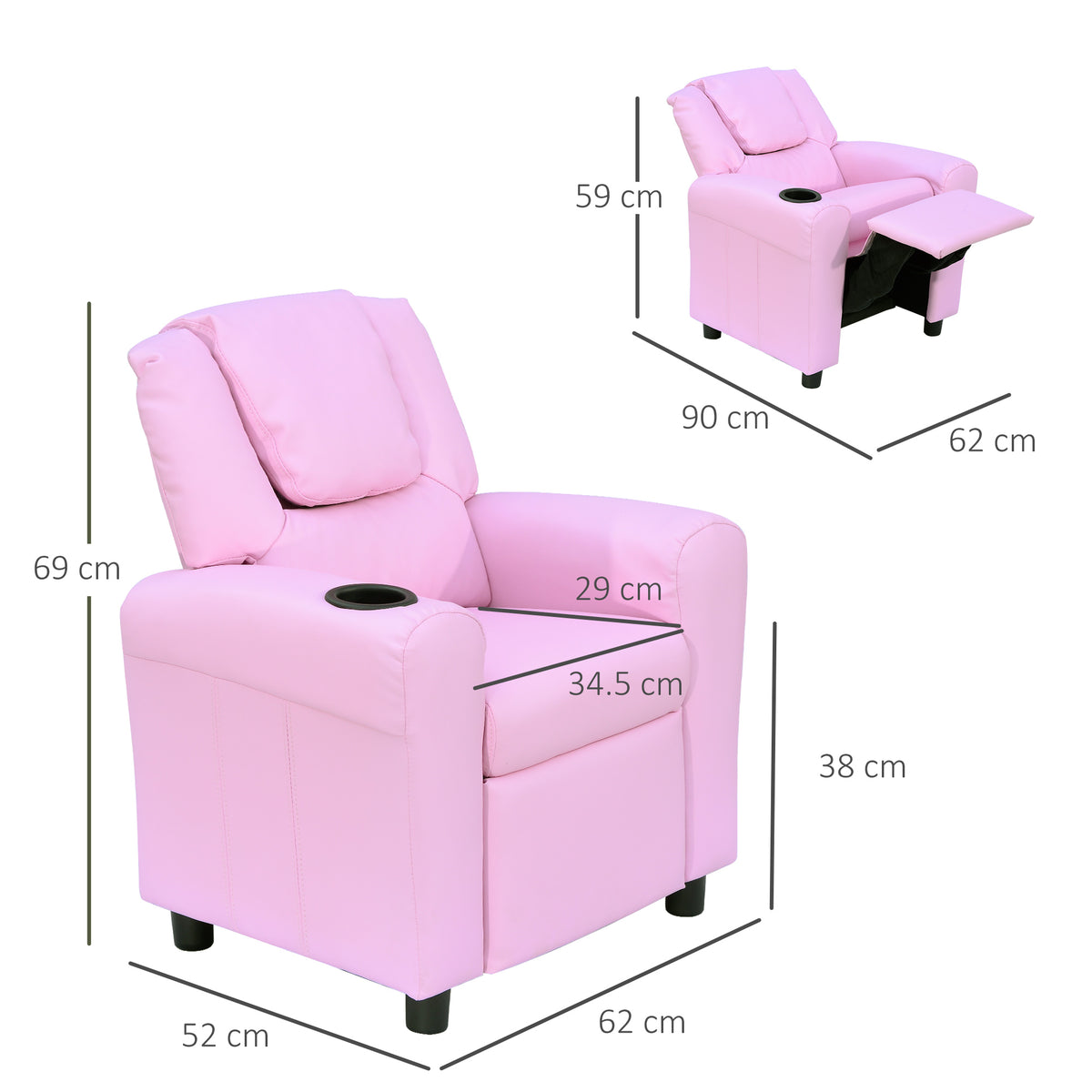 Pink kids' recliner chair shown with dimensions and footrest folded