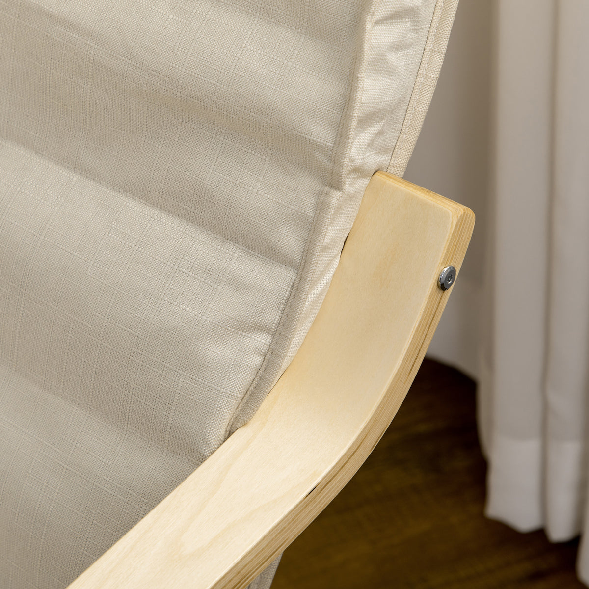 HOMCOM Wooden Armchair, Upholstered Linen Lounge Chair with Adjustable Footrest & Removable Cushion, Poang Chair for Living Room, Cream White