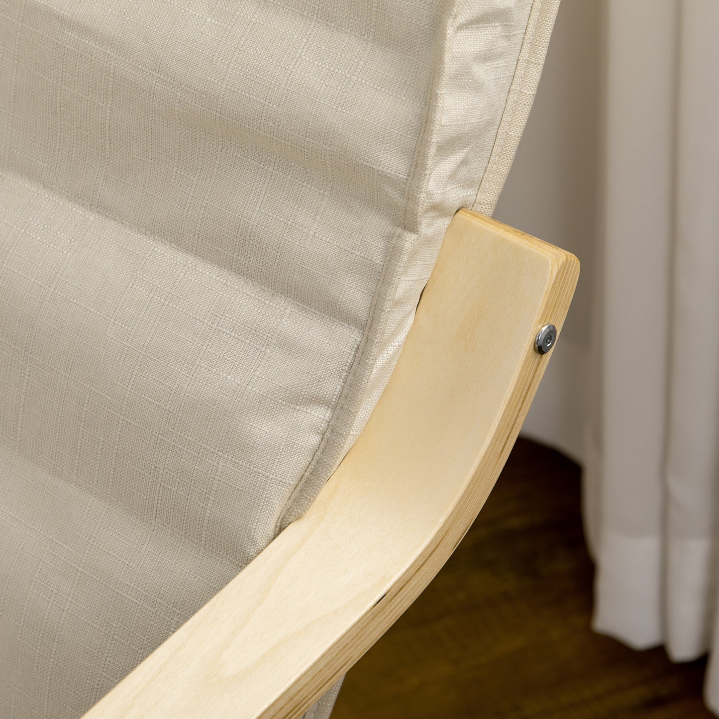 HOMCOM Wooden Armchair, Upholstered Linen Lounge Chair with Adjustable Footrest & Removable Cushion, Poang Chair for Living Room, Cream White