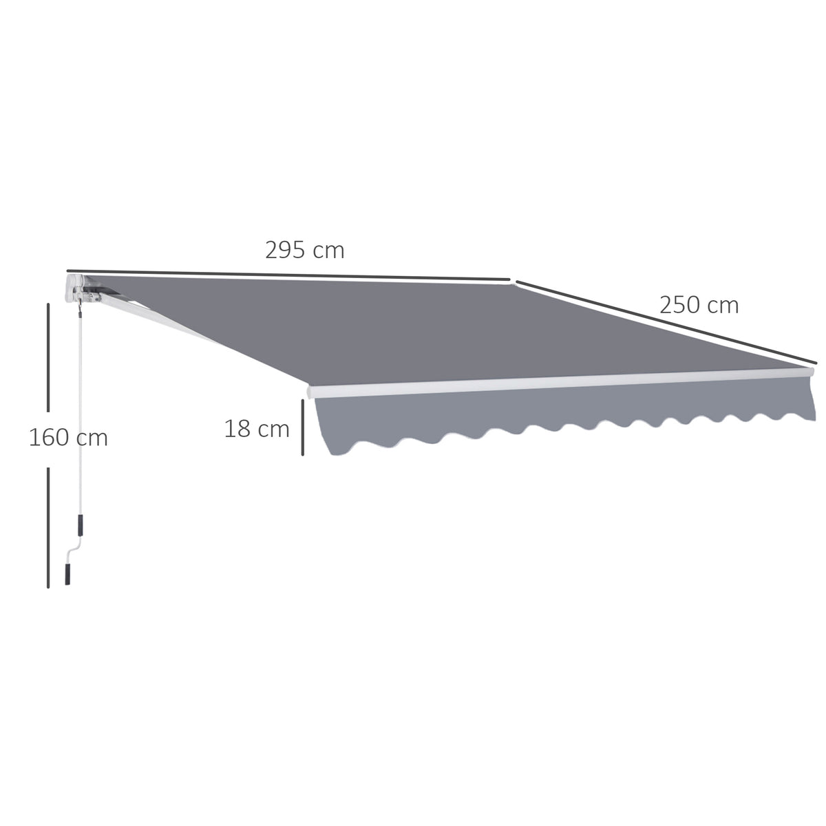Gray retractable awning with dimensions and manual crank