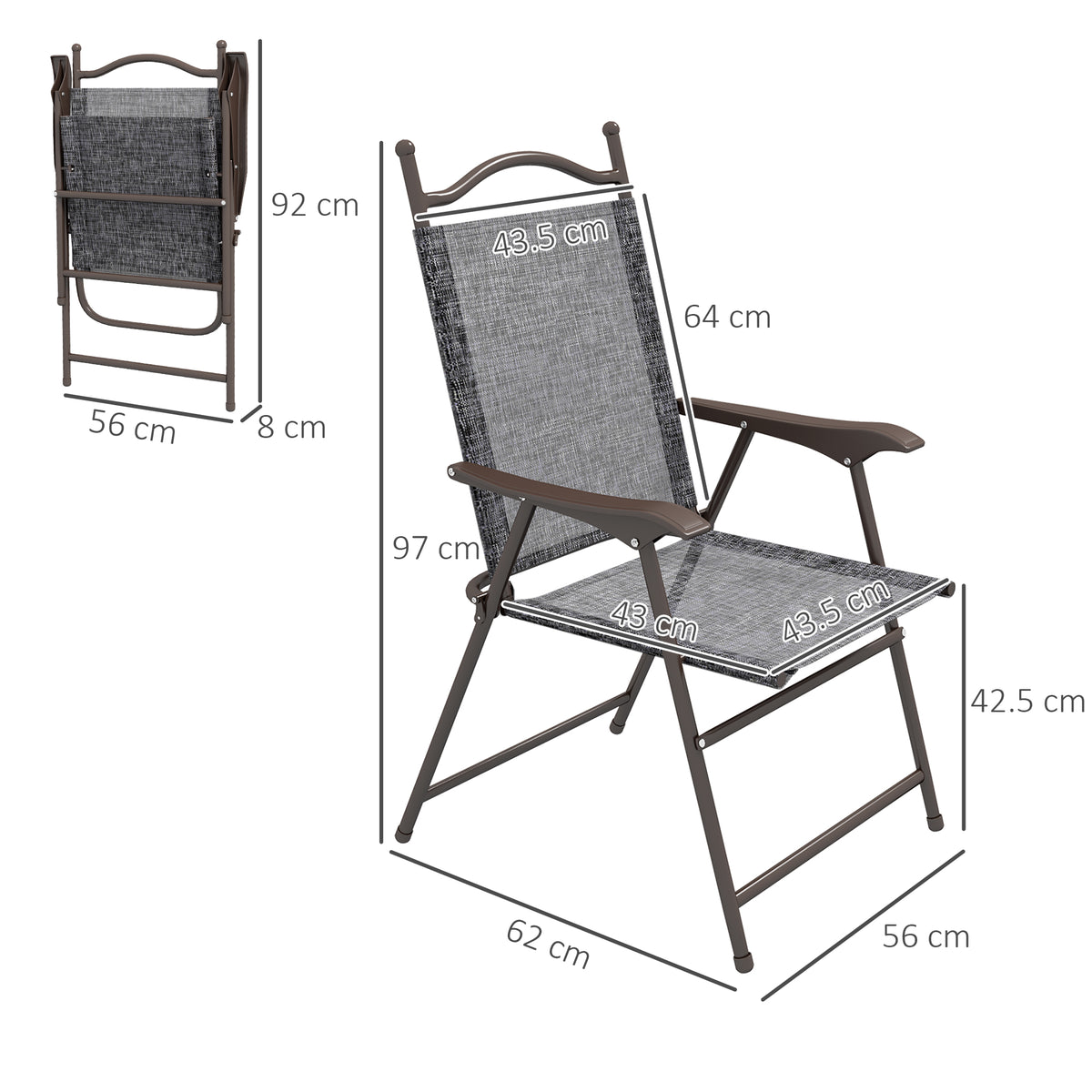 Folding garden chair with gray mesh and dark frame, shown with dimensions