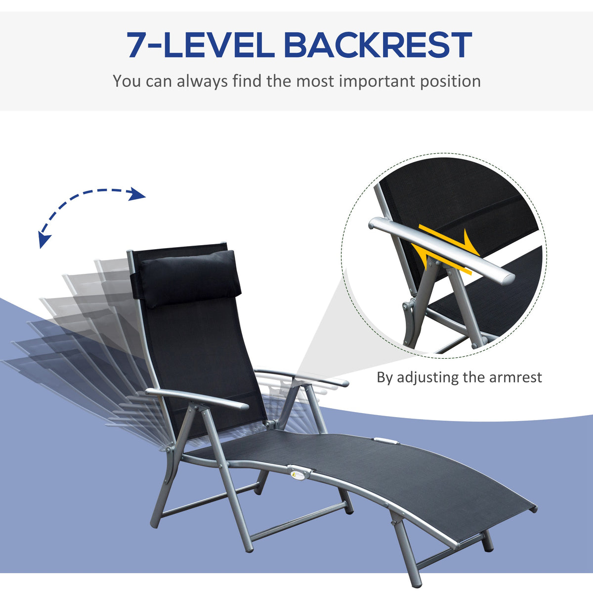 Black folding sun lounger with adjustable backrest, padded headrest and steel frame