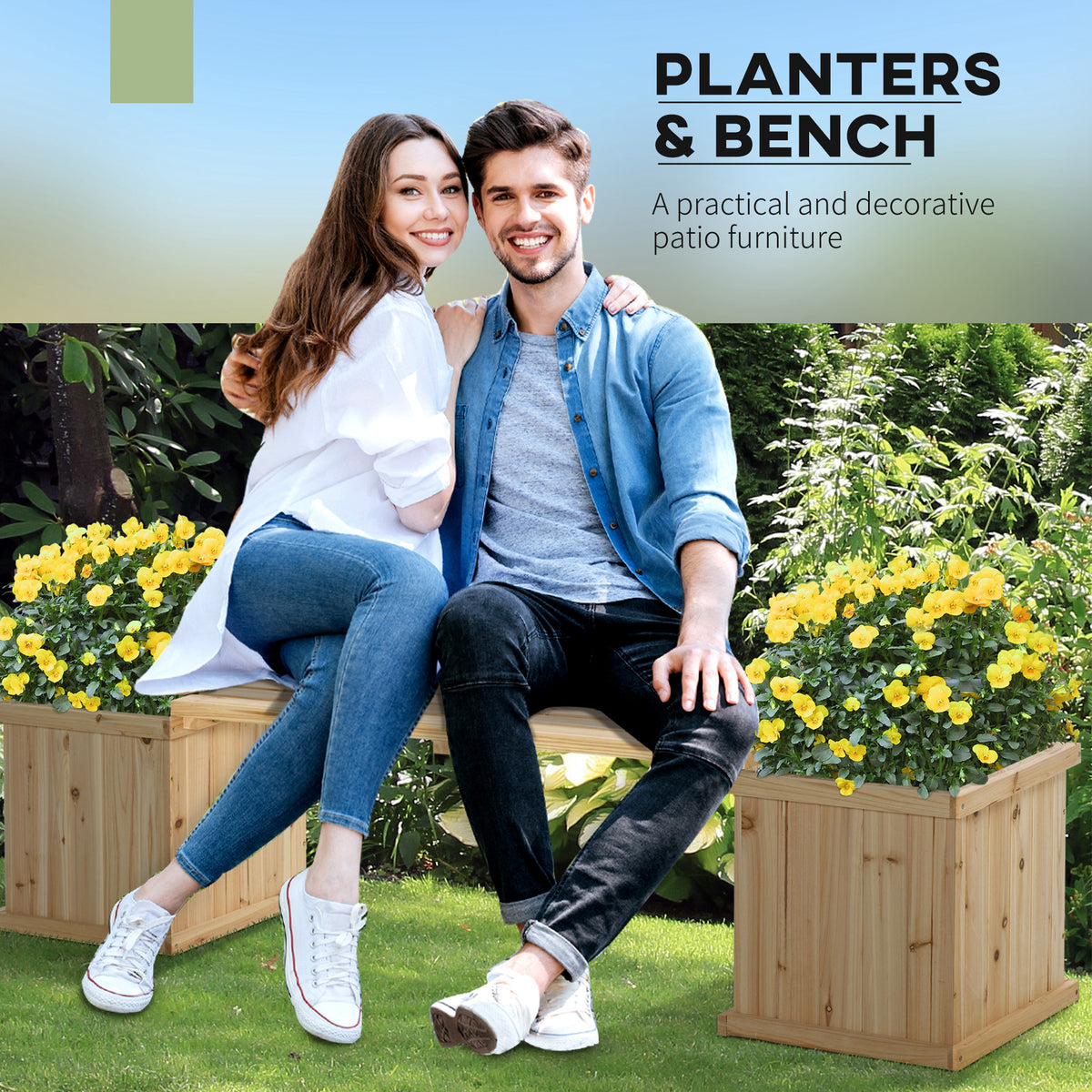 Outsunny wooden planter bench shown as a garden seat between two flower boxes