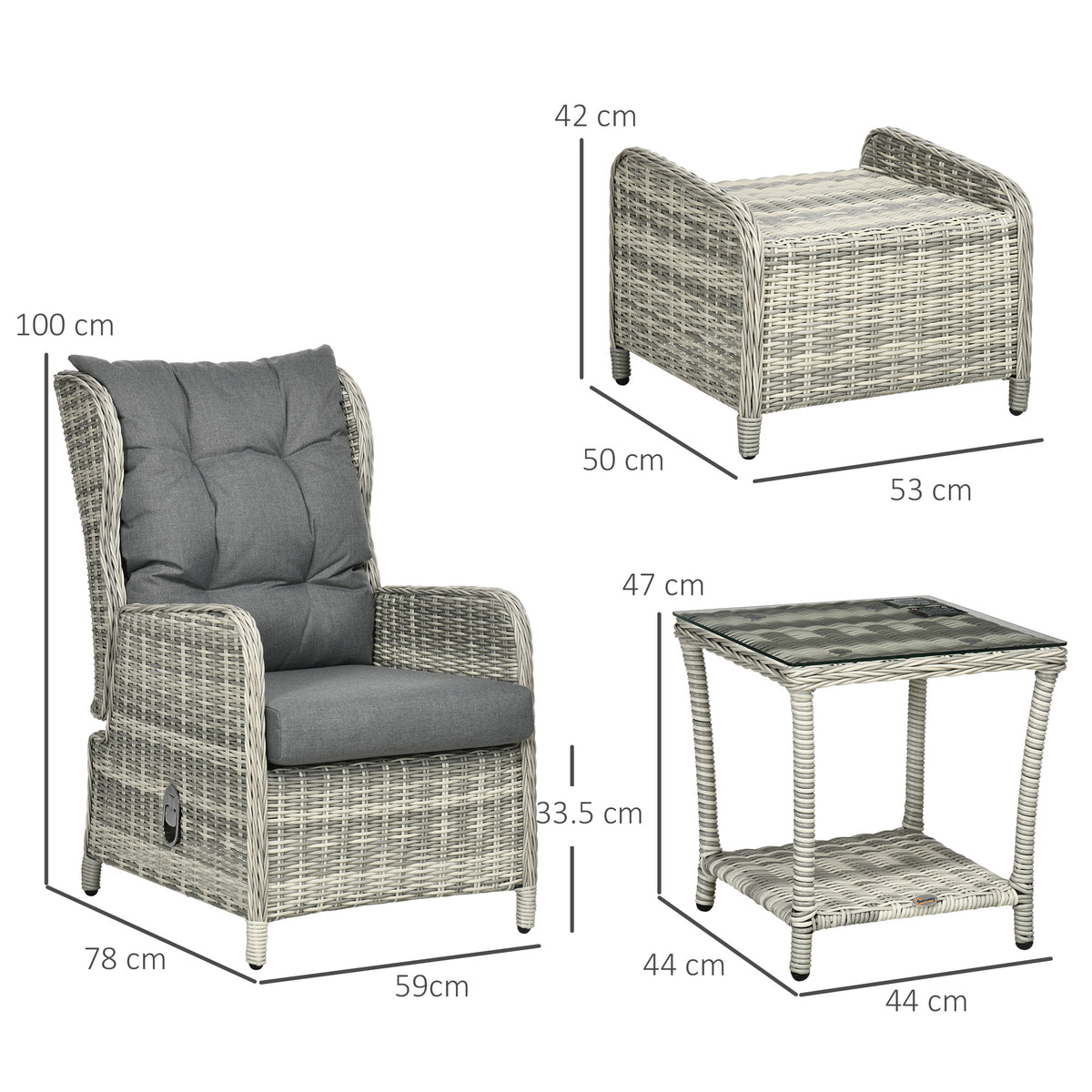 Outsunny bistro set chair, footstool and table with dimensions