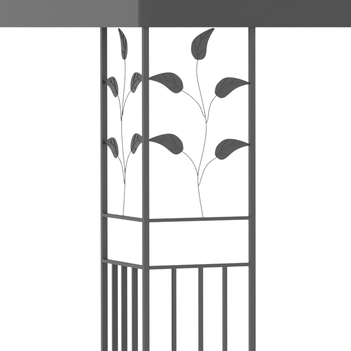 Close-up of gazebo's steel frame with decorative leaf design