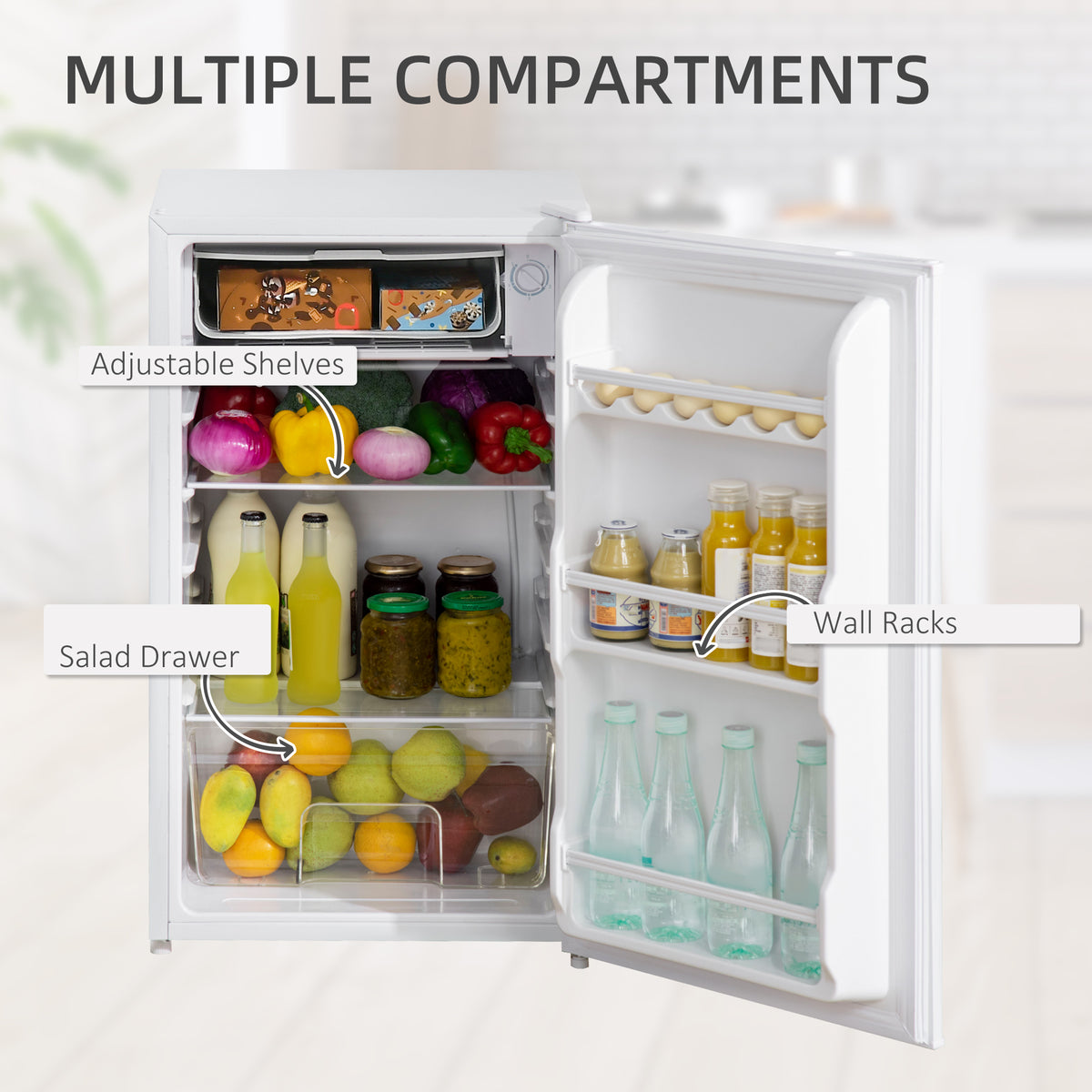 Open white fridge with adjustable shelves, salad drawer, chiller box, and door racks.