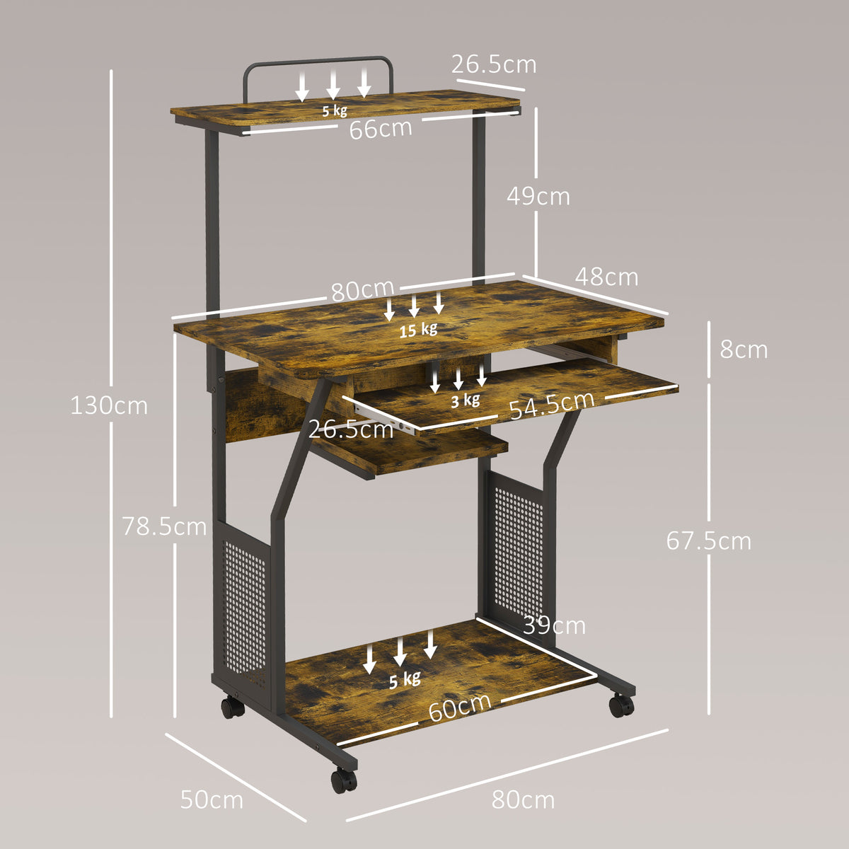 HOMCOM work desk showing dimensions, raised shelf, keyboard tray and storage shelves
