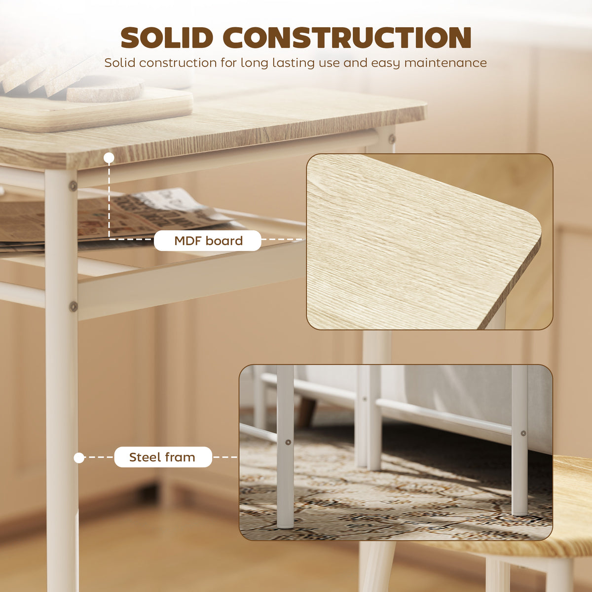 HOMCOM Bar Table Set, Bar Table and Stools Set, Footrest and Storage Shelf, for Kitchen, Dining Room, Pub, Cafe, White and Oak