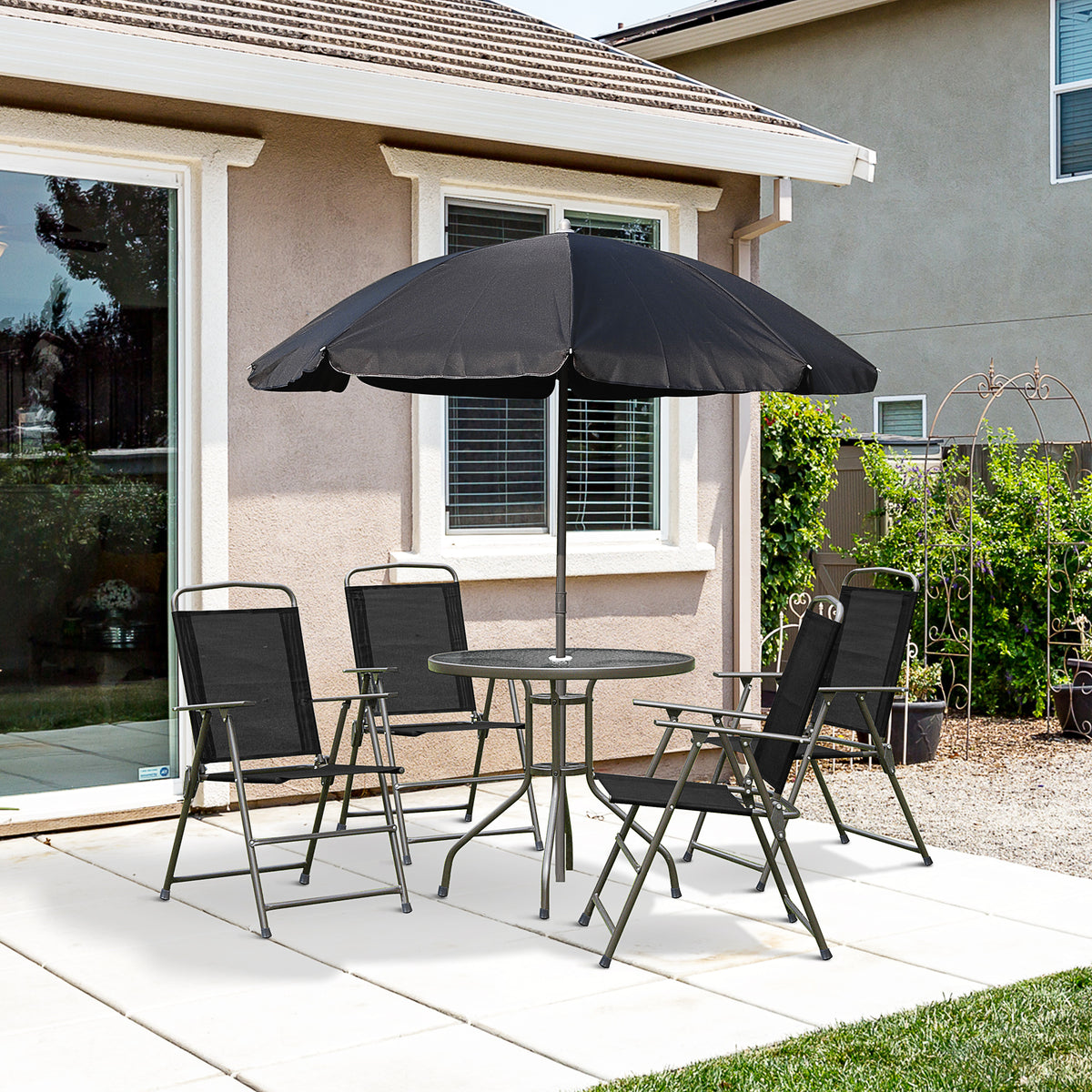 Outsunny 6 Piece Garden Dining Set with Umbrella, Patio Sets with Parasol with 4 Folding Dining Chairs, Black