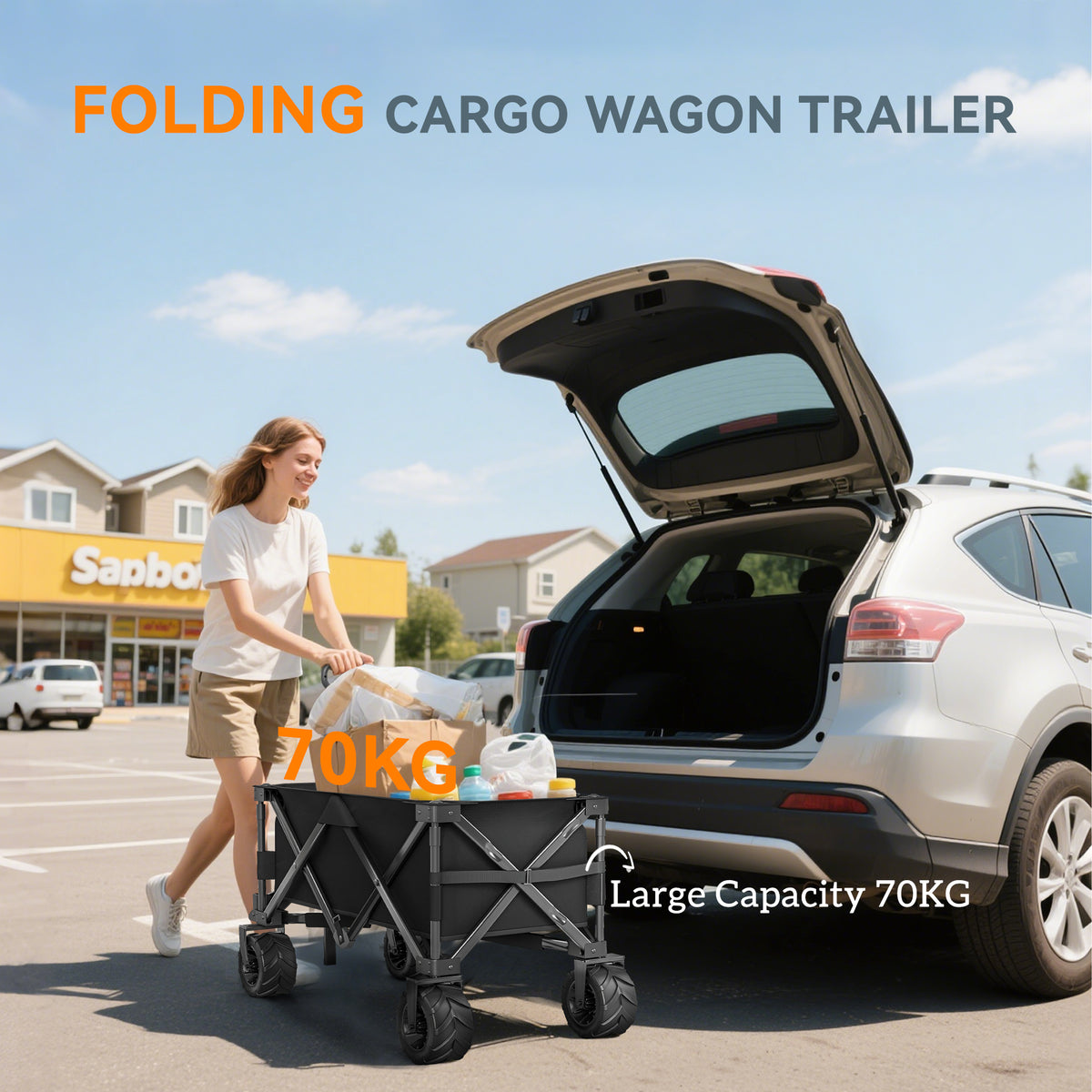 Outsunny folding cargo wagon loaded with bags beside a car; 70 kg capacity
